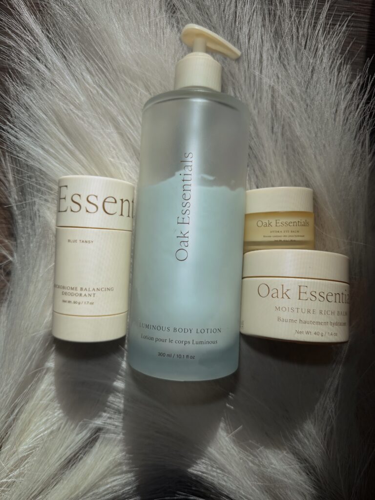 Oak Essentials Products on a feather background